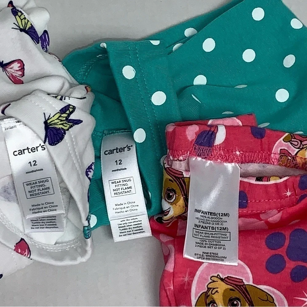 Lot of 3 Infants Size 12M Pajama Sets Polka Dot Butterfly Paw Patrol
